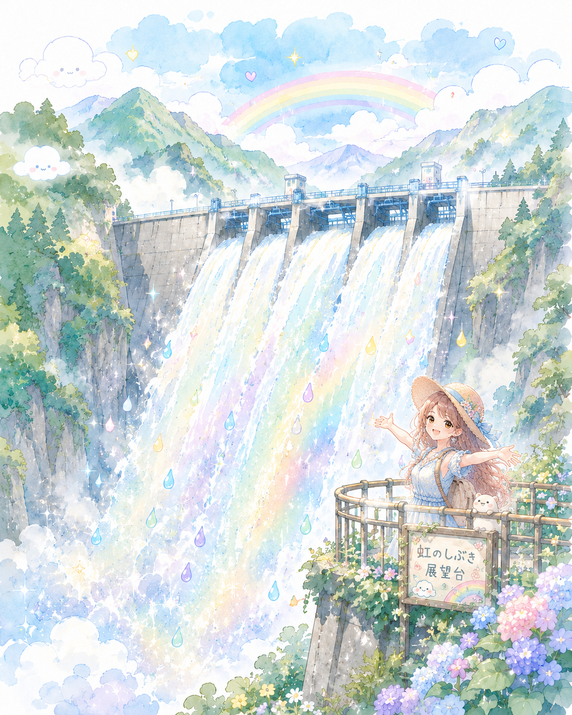 放水と虹のイラスト
