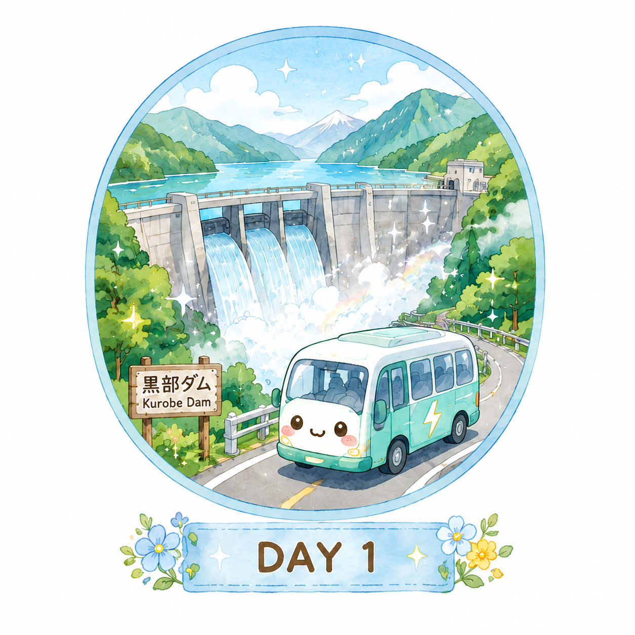 DAY1 黒部ダムと電気バスのイラスト