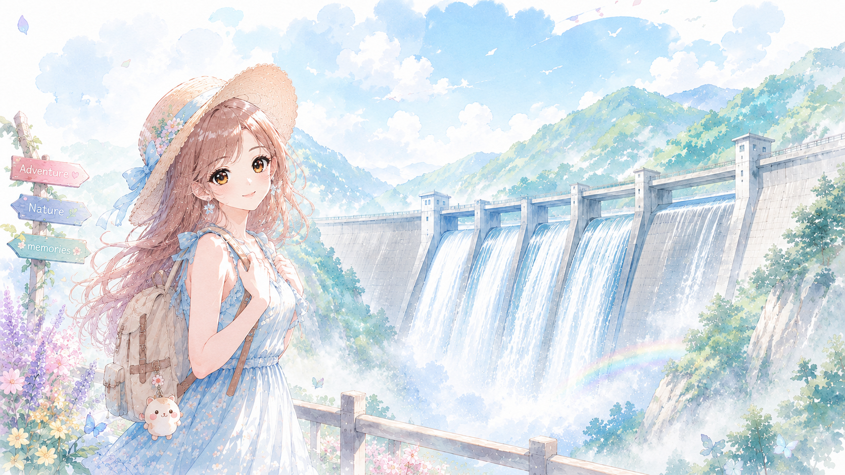 黒部ダムを背に立つみわりんのイラスト