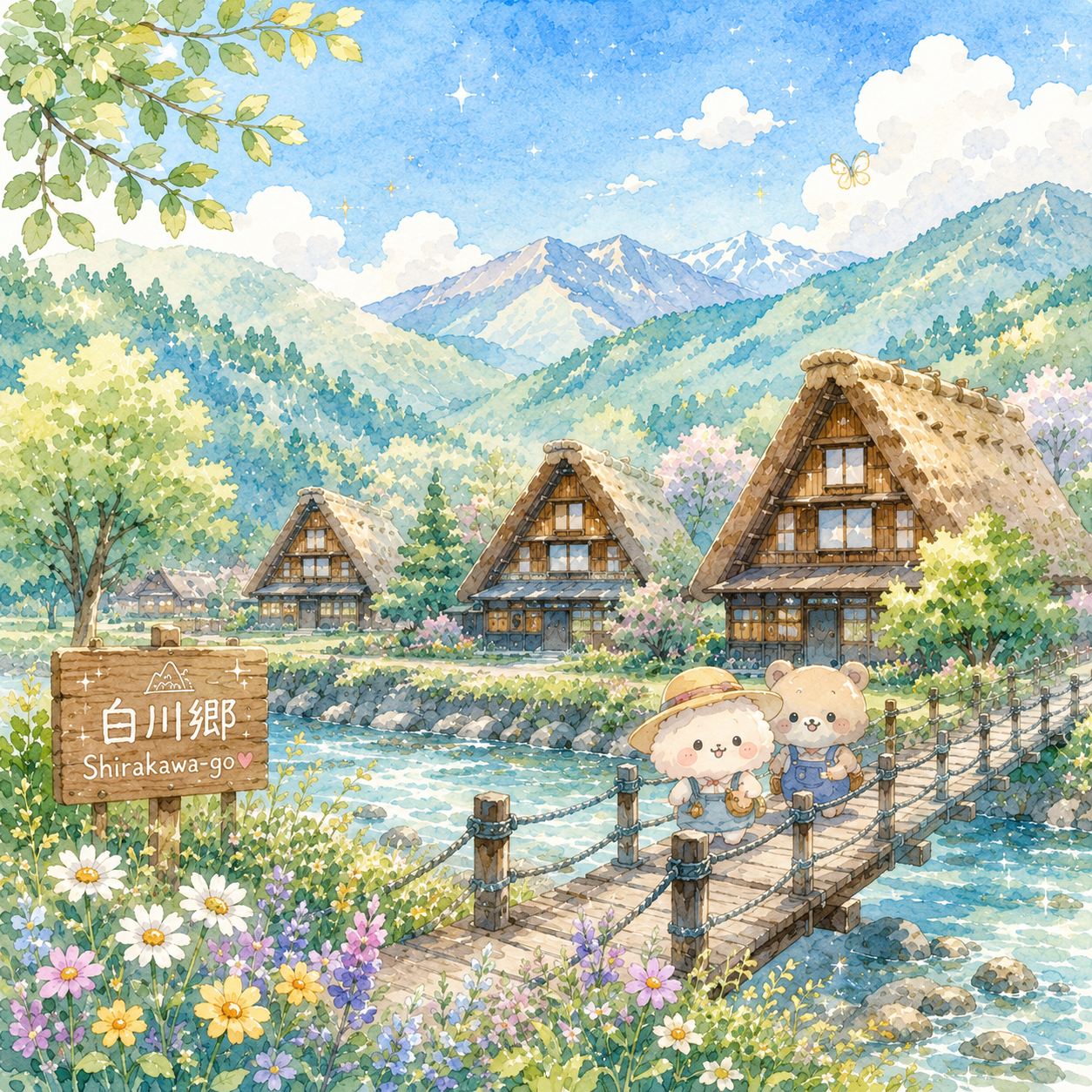 白川郷の茅葺屋根集落と吊り橋のイラスト