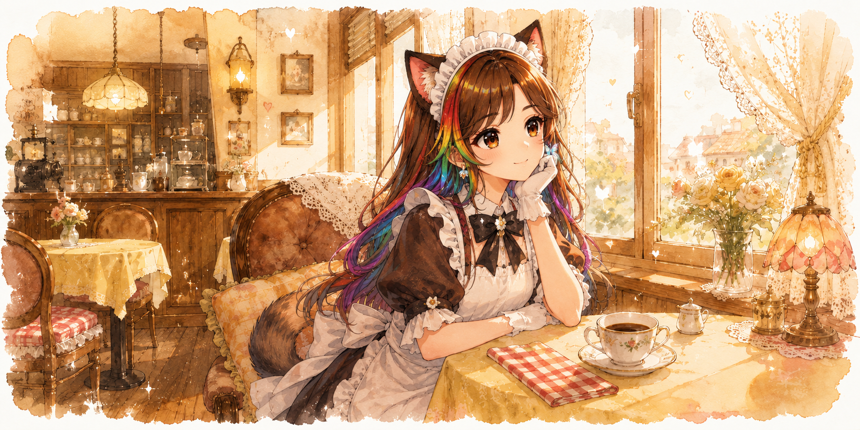 喫茶店ピノキオの窓辺に座るみわりんのイラスト