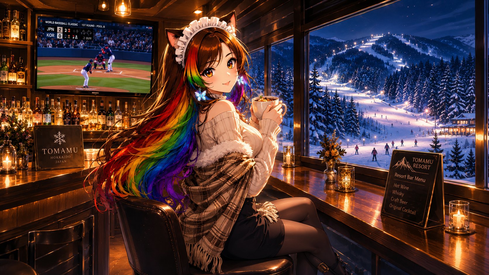 バーから見るゲレンデと夜景